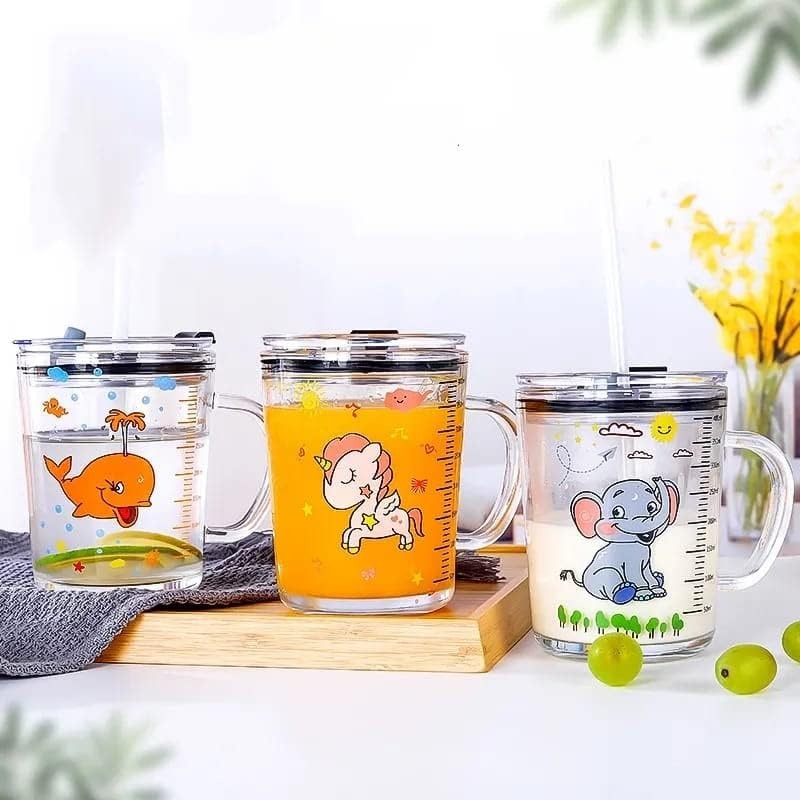 Unicorn Shape 350ml Glass Mug with Straw & Lid β Creative Cartoon Milk & Juice Cup for Kids (1 Pcs)