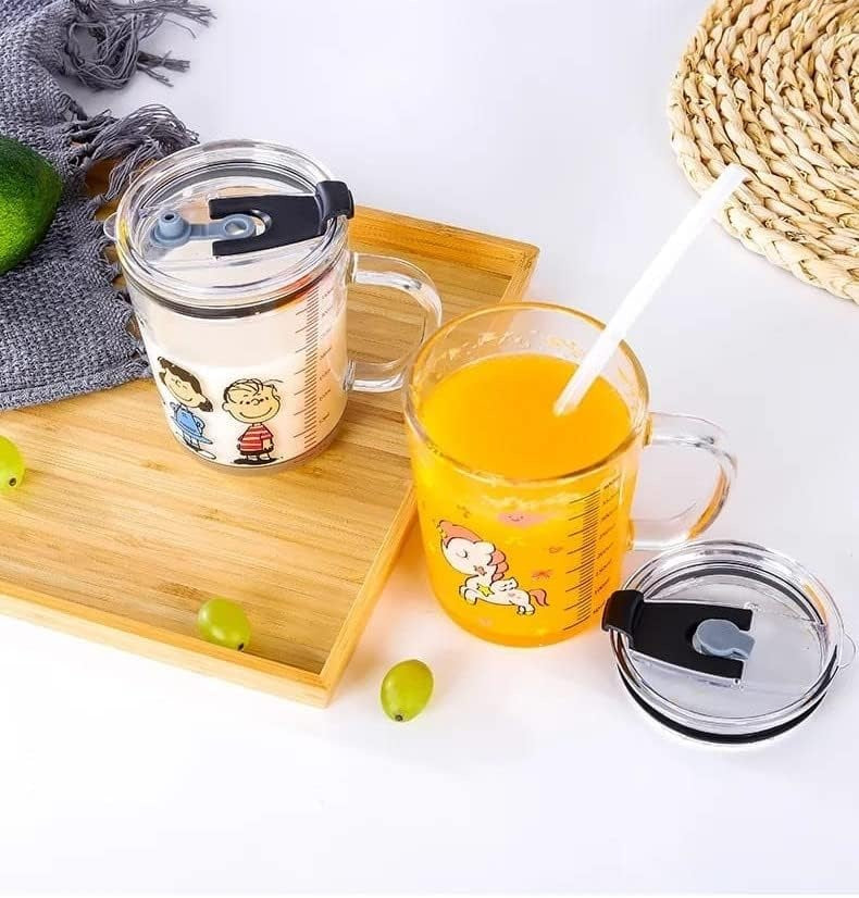 Unicorn Shape 350ml Glass Mug with Straw & Lid β Creative Cartoon Milk & Juice Cup for Kids (1 Pcs)