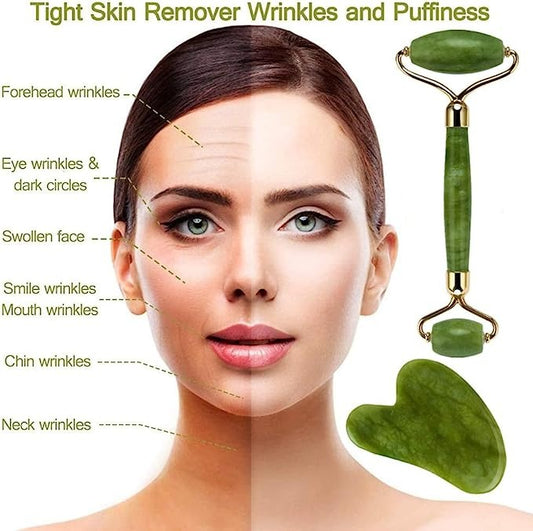 Jade Roller And  With Guasha (Marble Stone) Stimulates Healthier Skinet, Facial Roller For Skin