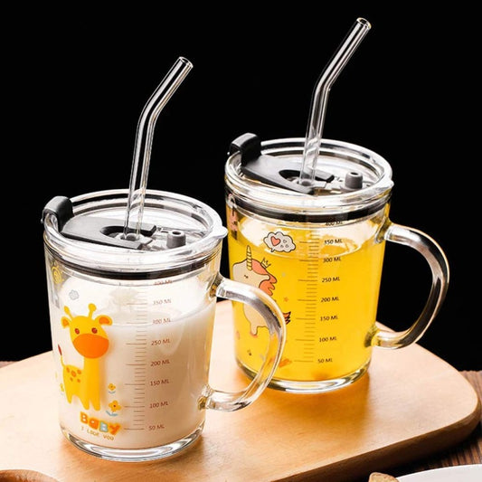 Unicorn Shape 350ml Glass Mug with Straw & Lid – Creative Cartoon Milk & Juice Cup for Kids (1 Pcs)
